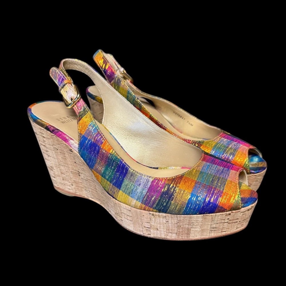 Stuart Weitzman Multicolor Plaid Platform Wedge Sandals Slingback Size 7.5M